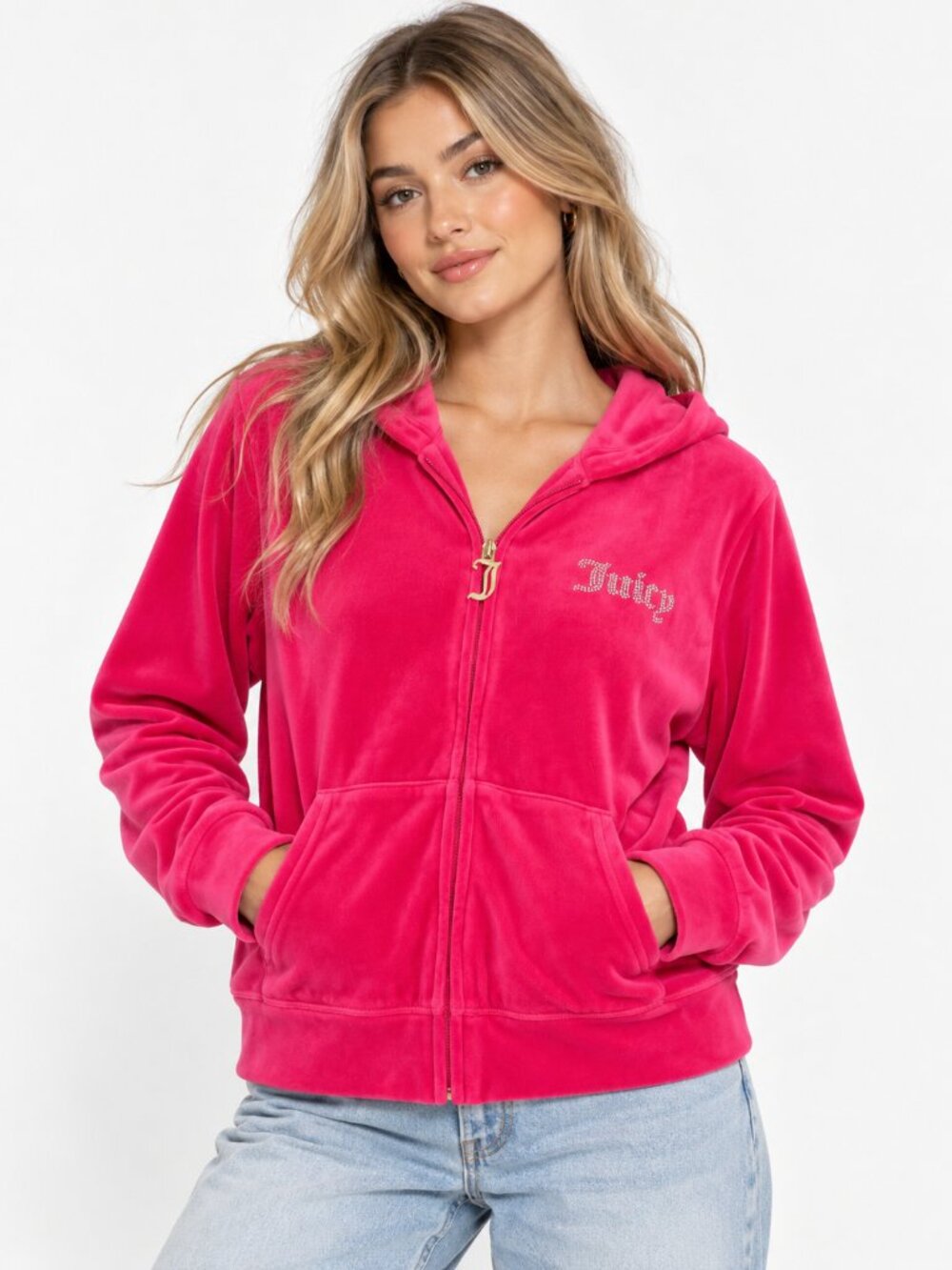Juicy Couture Fuchsia Pink Velour Rhinestone Logo Zip Up Hoodie Jacket Y2K Large